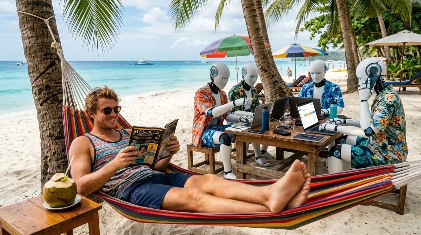 Entrepreneur relaxing in a beach hammock while AI robots in Hawaiian shirts handle appointment setting on laptops