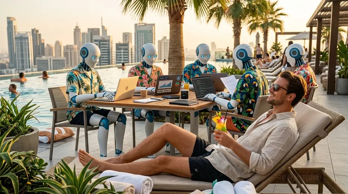 Entrepreneur lounging at a rooftop pool while AI robots in Hawaiian shirts automate sales on laptops