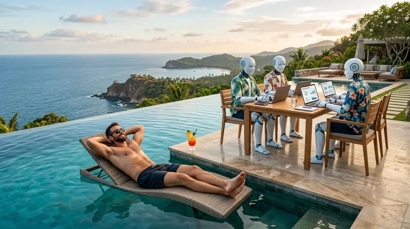 Entrepreneur relaxing by an infinity pool overlooking the ocean while AI robots in Hawaiian shirts handle sales strategy