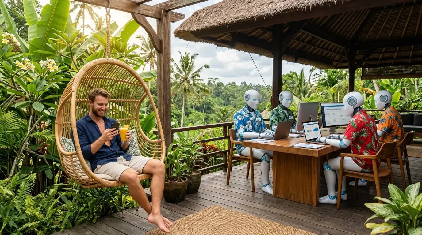 Entrepreneur in a hanging chair at a tropical villa while AI robots in Hawaiian shirts build a sales pipeline
