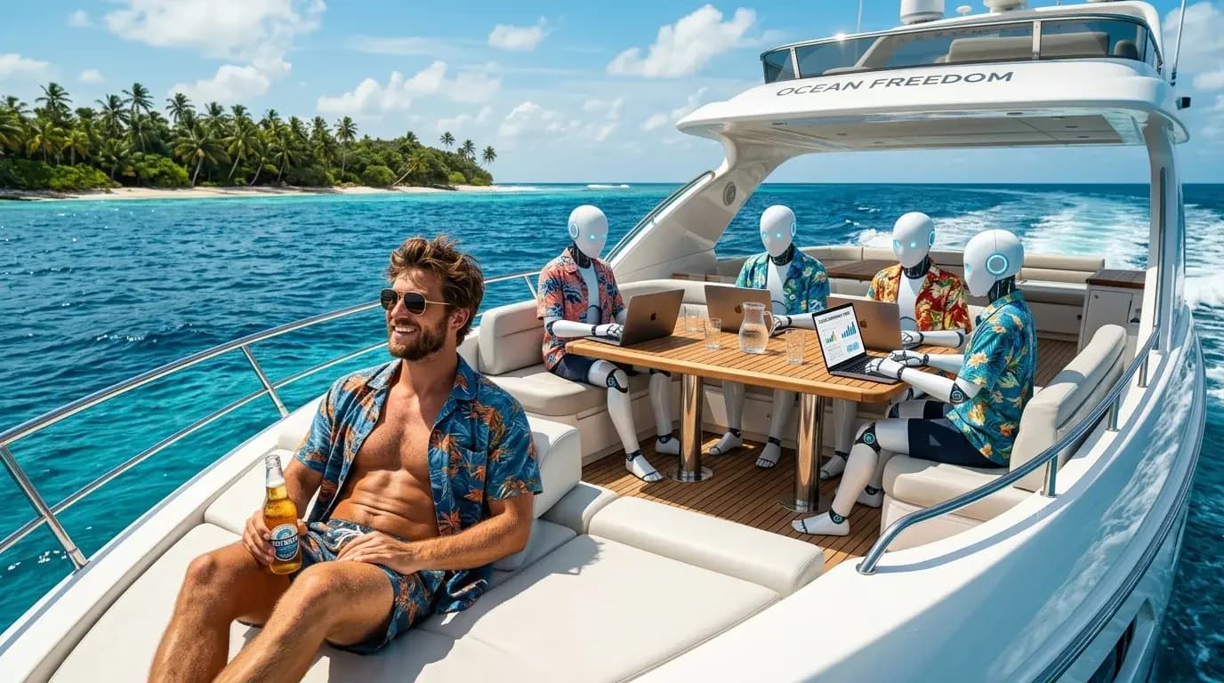Entrepreneur relaxing on a luxury yacht while AI robots in Hawaiian shirts work on sales campaigns