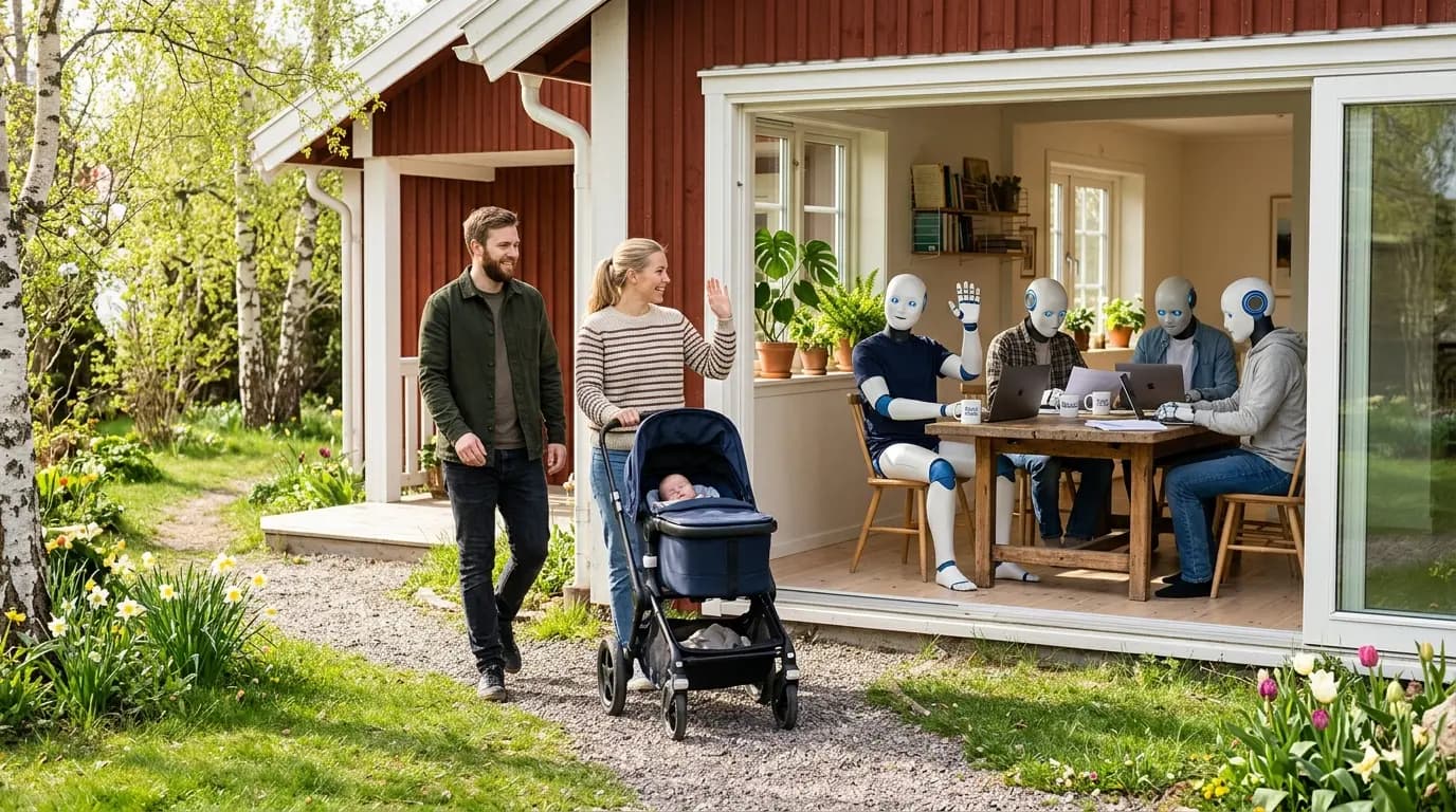 Couple waving goodbye to AI robots working inside their Scandinavian home as they head out for a stroller walk