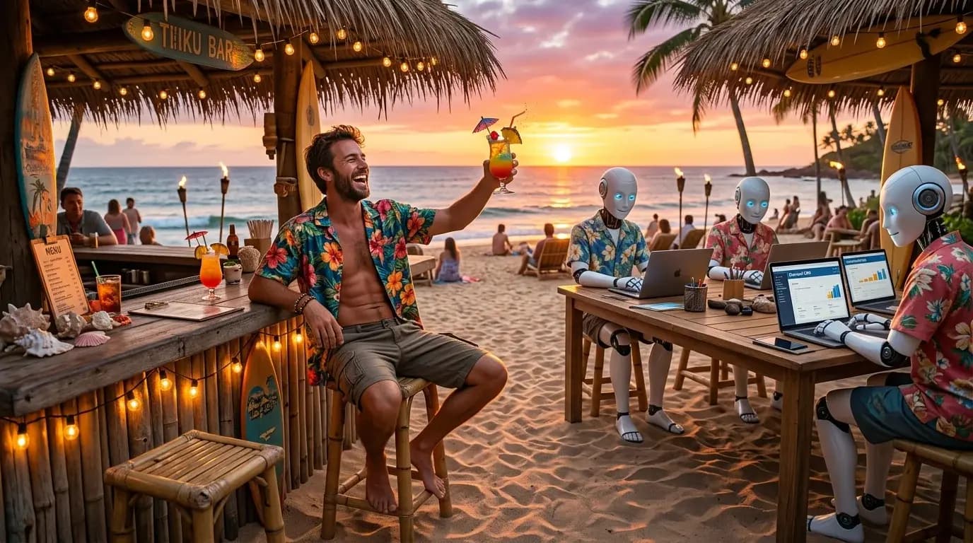 Entrepreneur celebrating at a beach tiki bar at sunset while AI robots in Hawaiian shirts prospect on laptops