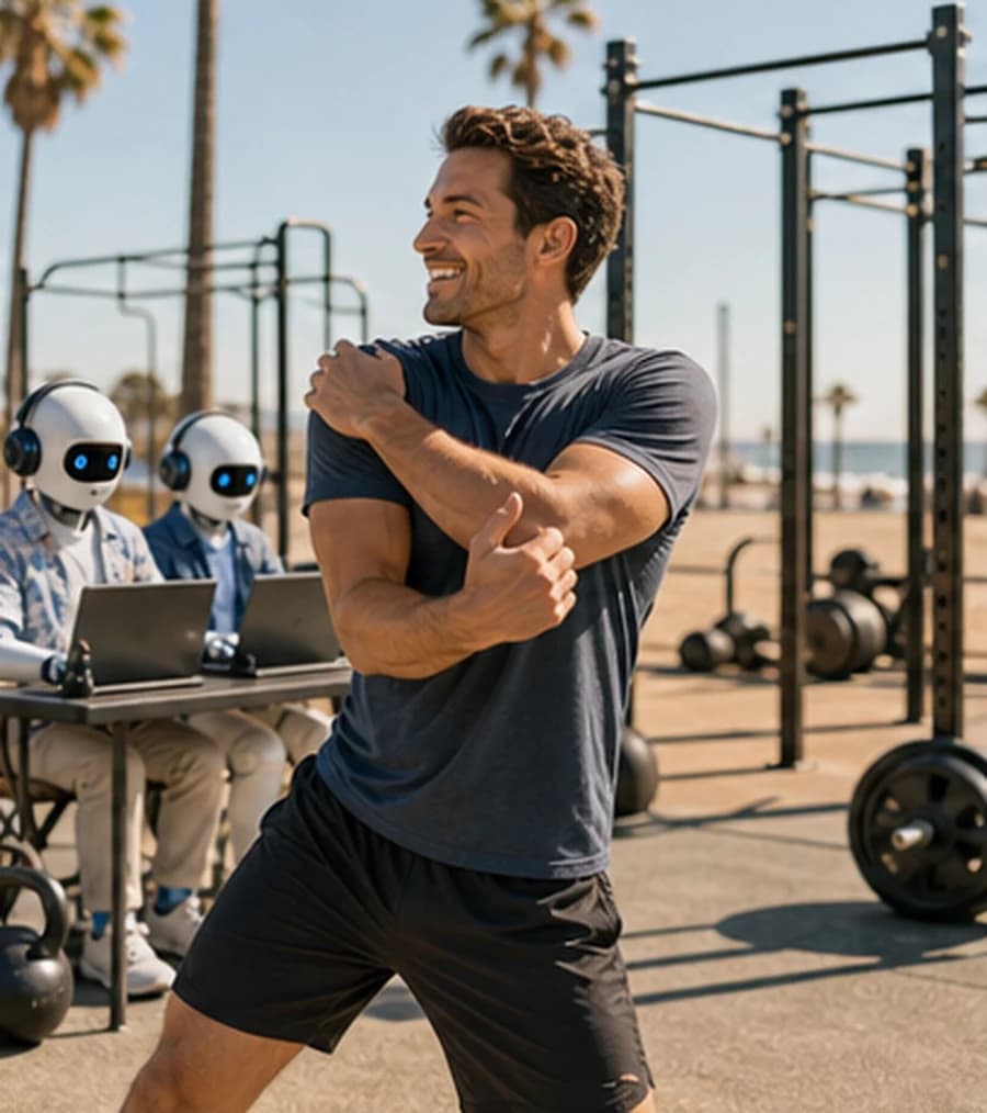 Founder exercising outdoors while AI sales agents work on outreach and follow-up in the background