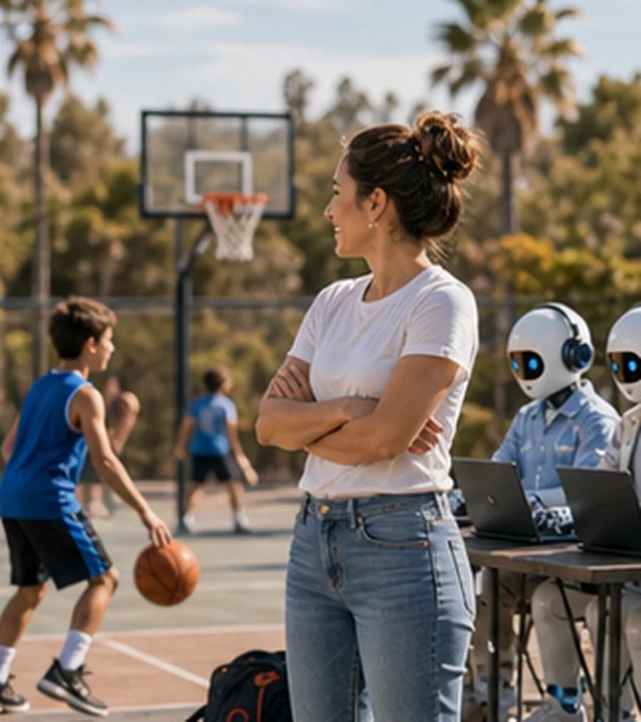 Founder watching a basketball game while AI sales agents review sales work in the background