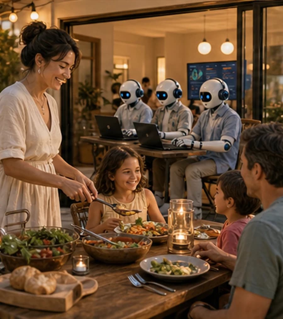Founder sharing dinner with family while AI sales agents handle sales work in the background