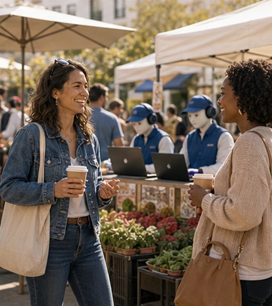 Founder chatting at an outdoor market while AI sales agents coordinate social selling in the background
